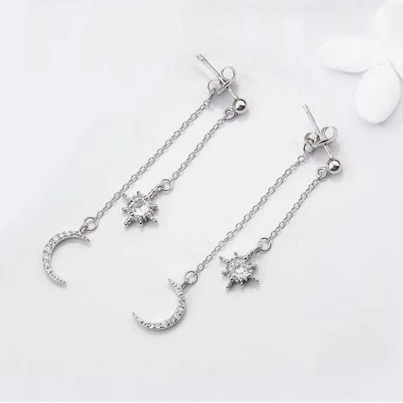 Nowa gorąca moda 925 Sterling Silver Crystal Star Moon długie kolczyki dla kobiet dziewczynki prezent moda oświadczenie biżuteria