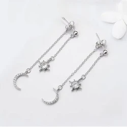 New Hot Fashion 925 Sterling Silver Crystal Star Moon long Earrings for Women Girls Gift Fashion Statement Jewelry
