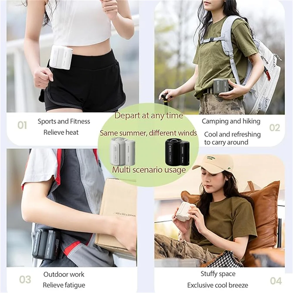 مروحة معلقة على الخصر في الهواء الطلق، 3 سرعات محمولة بالرياح القوية، مروحة رقبة محمولة بمشبك حزام USB، مناسبة للسفر في الهواء الطلق