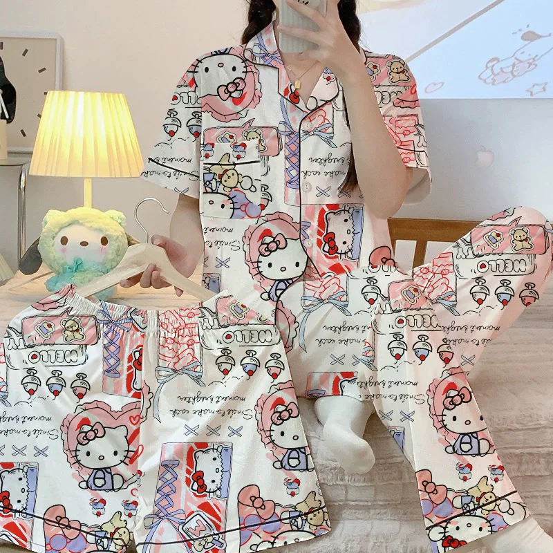 

Sweet HelloKitty, весенне-летние пижамы, женские комплекты из трех частей, топ с короткими рукавами, брюки, шорты