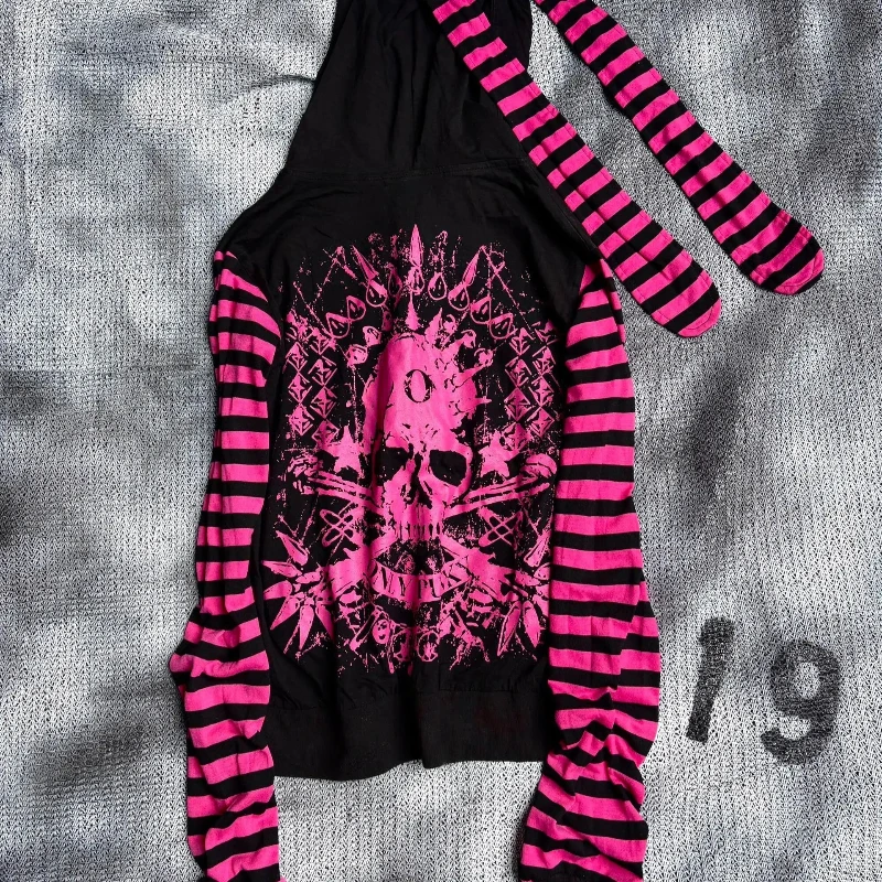 2026 Dark Pink Black Punk Skeleton Printed Striped Sleeve Hoodie Street Style Women's Zipper Cardigan Wholesale
