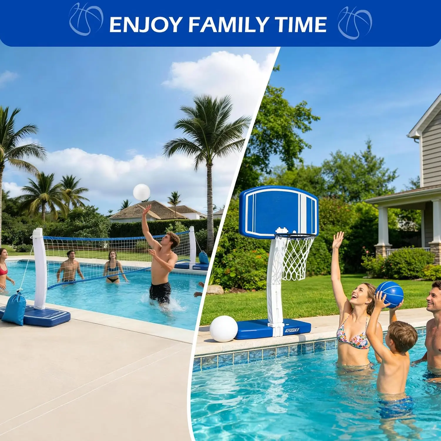 Above Ground Pool Basketball Hoop and Volleyball Net 2-in-1, Outdoor Water Game Toy for Kids Ages 3-12, Teens, Adults Family Poolside Summer Fun
