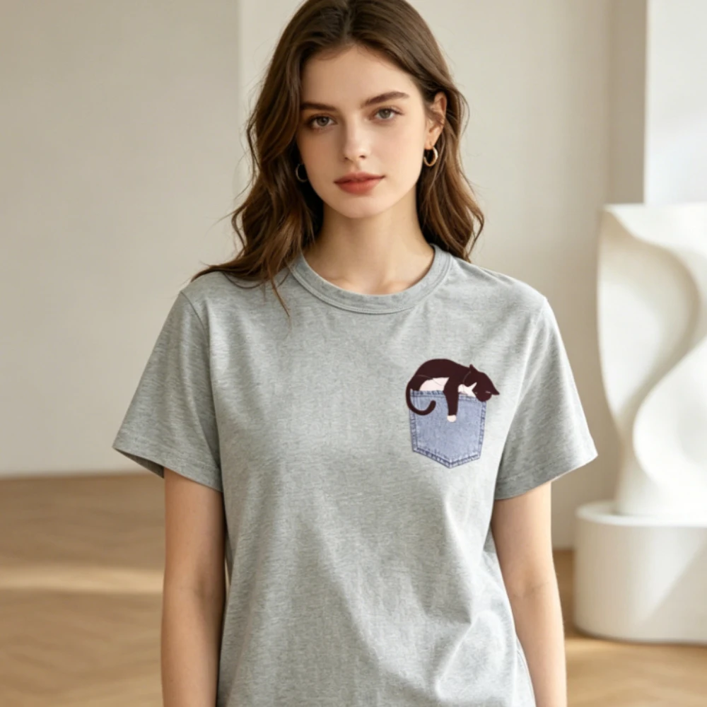Pocket Napping Black Cat Minimal Tee Cute Graphic Printed T-shirt Cat Mom Cats Lover Gift Casual Shirt Women Men Unisex Tshirt
