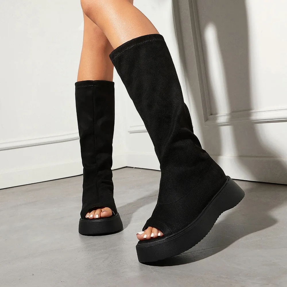 Stretch Fabric Peep Toe Platform Knee High Boots, Women's Summer Open Toe Thick Sole Casual Long Booties