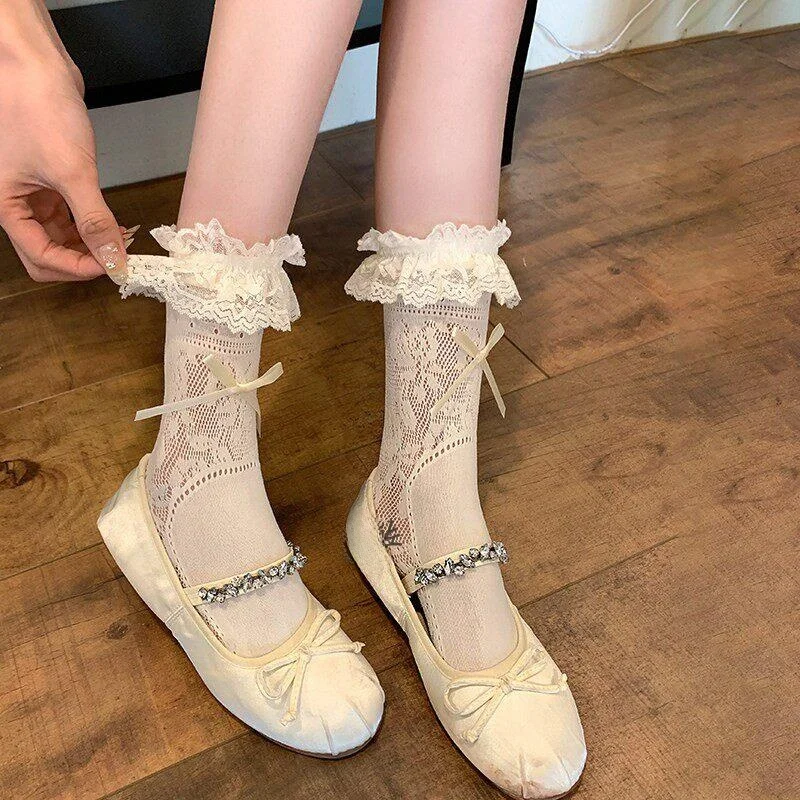 Sweet Lace Trim Mid-Calf Thin Summer Ballet Style  Knot Socks Women's Leggings Thin Model Stockings Children's Socks