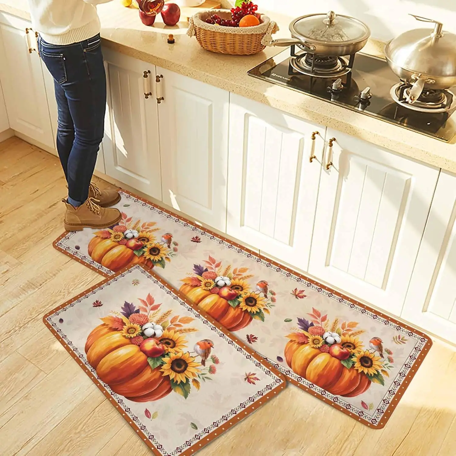 Fall Thanksgiving Pumpkins Kitchen Mat Autumn Maple Leaves Sunflowers Entrance Door Mat Living Room Balcony Hallway Laundry Rugs