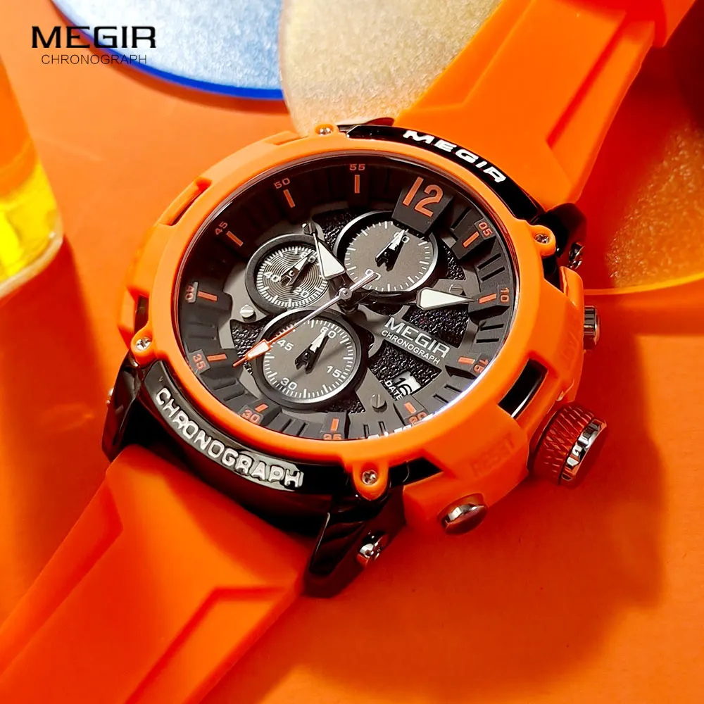 MEGIR Orange Sport Watches for Men Fashion Waterproof Luminous Chronograph Quartz Wristwatch with Auto Date Silicone Strap 2208