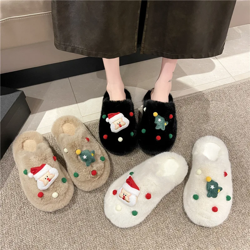 Winter Christmas tree Claus Fluffy Cute Slippers Cartoon Winter Couple House Warm Shoes Designer Flat Casual New Year's Gift