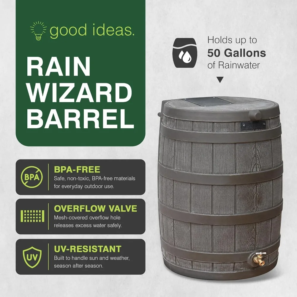 Rain Wizard 50 Gallon Water Collection Barrel Oak Finish for Garden Watering