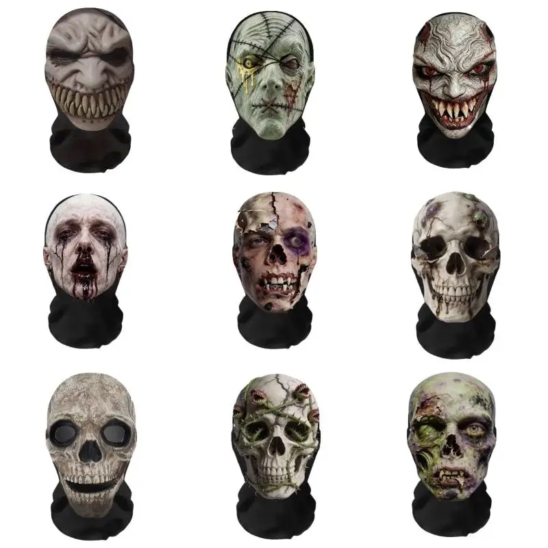 【1Pc Horror Skull Zombie Full Face Mask Breathable Mesh Headgear Cosplay Prop For Halloween Party Prank Carnival Costume】