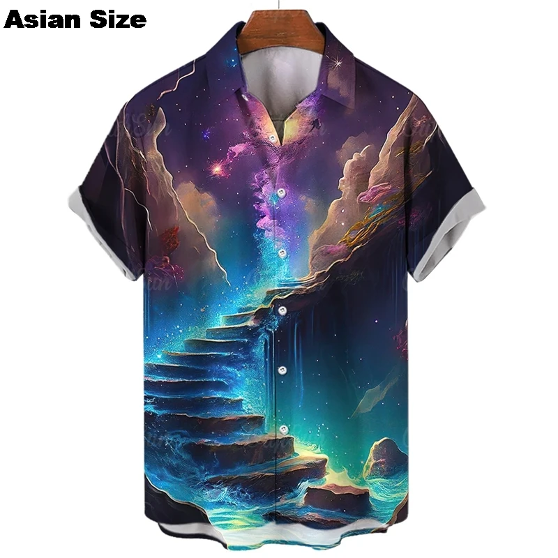 

Harajuku модные рубашки с 3D принтом Sky Step для мужчин, одежда, повседневные гавайские блузки с рисунком лестницы, блузки с лацканами для мальчиков с героями мультфильмов, топы