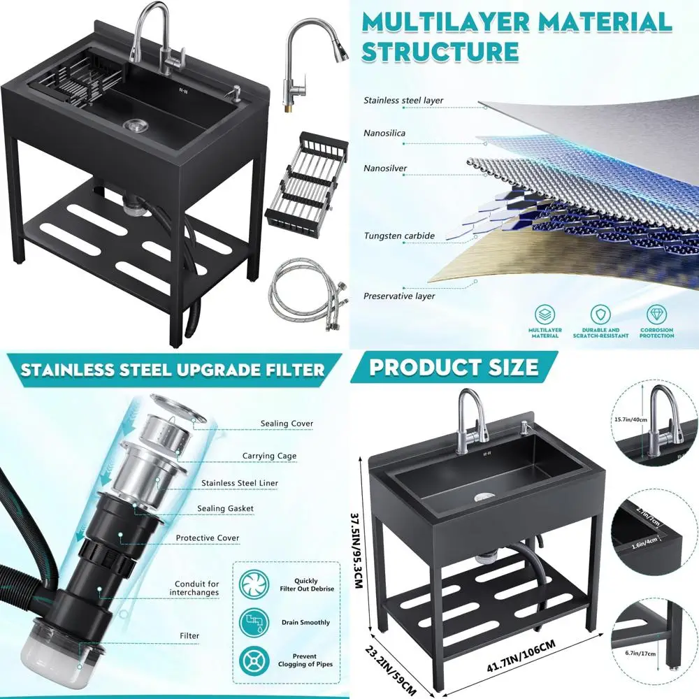 

Commercial Kitchen Stainless Steel Single Bowl Utility Sink with Pull-Out Faucet, Cold and Hot Water Options