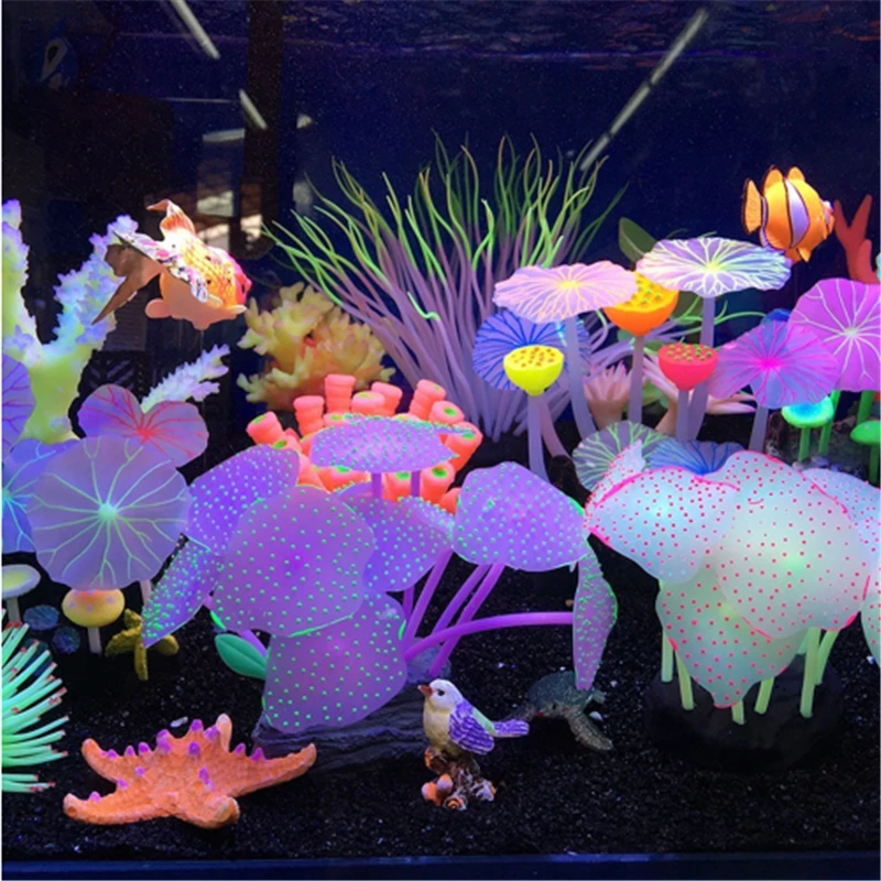 Fluorescent Artificial Plants Fish Tank Decorations Aquarium Water Grass Lotus Mushroom Ornaments Aquarium Landscape