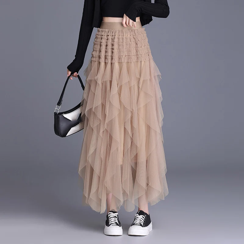 OHRYIYIE Irregular Floor-Length Tulle Skirt Women Elastic High Waist Ruffles Cake Skirt Lady Long Tutu Skirt Party Clothes Femme