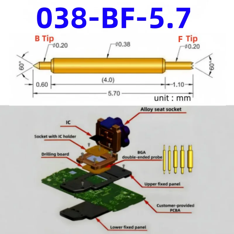 

100pcs Double-ended Test Needle Test Probe BGA Semiconductor Probe 038-BF-5.7L Telescopic Spring Test Pin 5.7 Pogo Pin