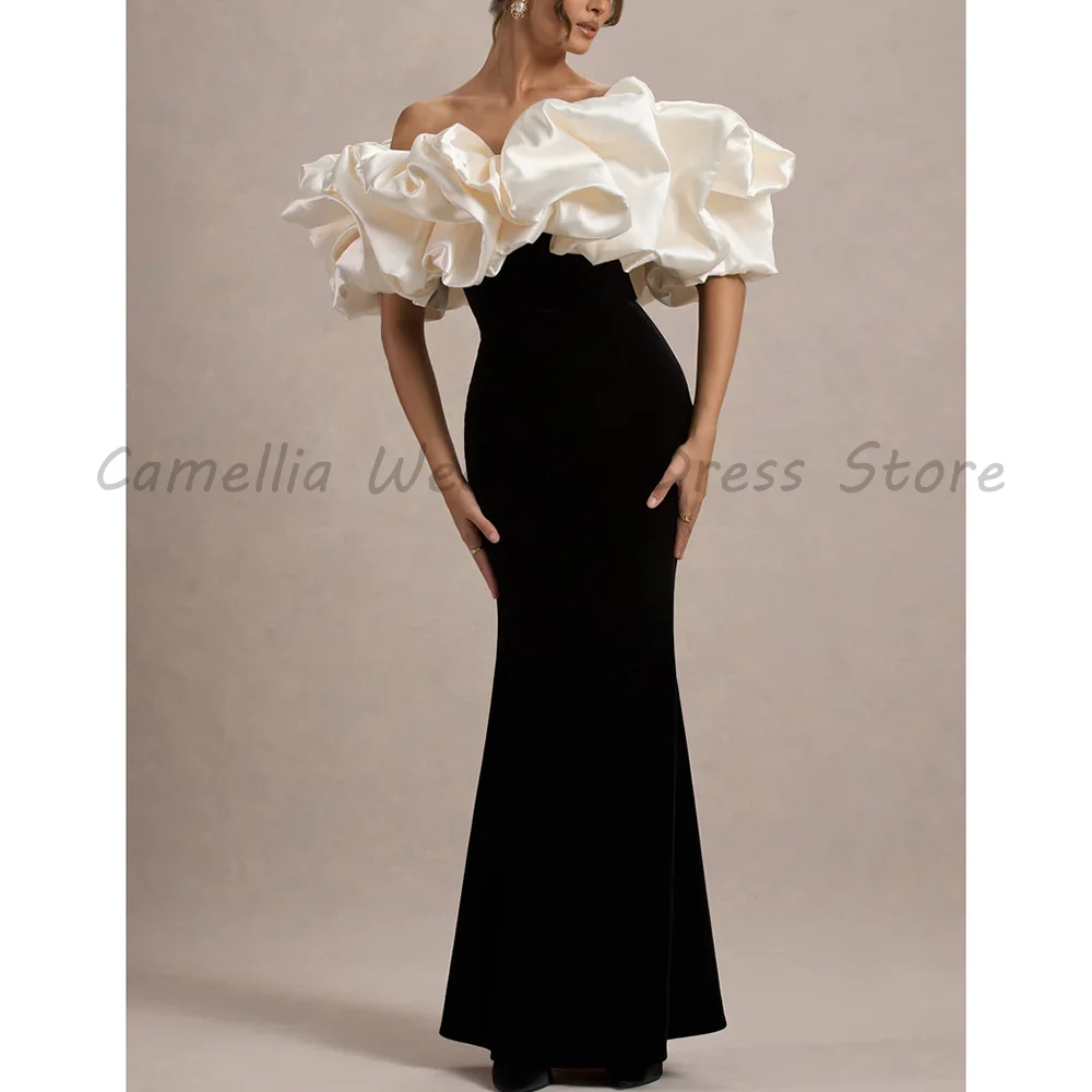 

Black Off The Shoulder Mermaid Evening Dress 2026 Luxury 3D Ruffle Flower Long Sleeve Maxi Formal Prom Party Gown For Wom