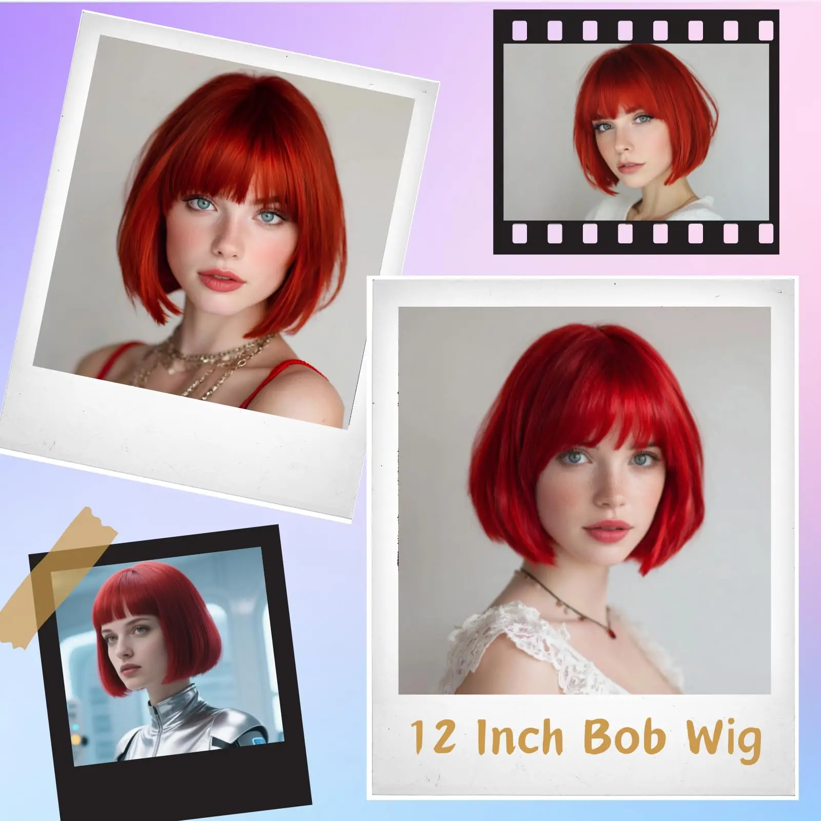 Red Bob Hairstyle Synthetic Wig for Party, Halloween Cosplay Wig, Hot-Pressed Hairpiece Wig