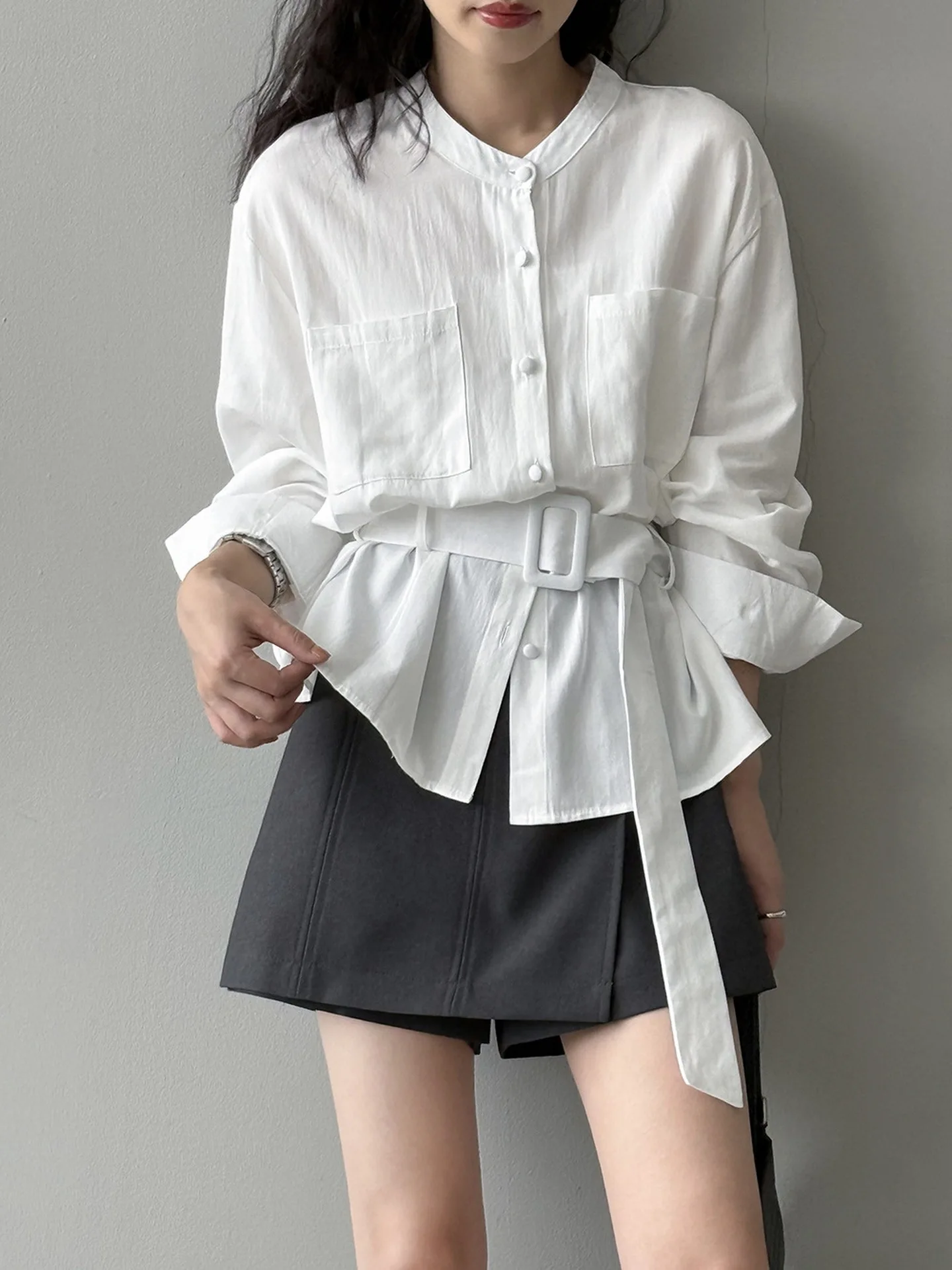 

Faionable Women's Cotton irt Coat Belted Tie Waist Button up Long Sve een Piled Cabbage Color 2025 New Autumn Sle