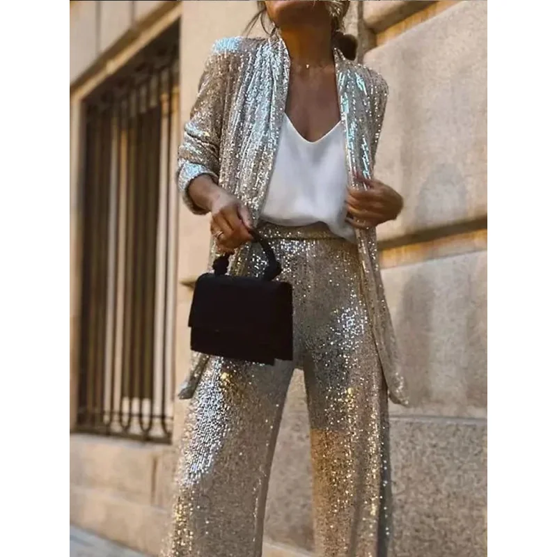 Elegant women's pants sets sequin 2024 fall winter long sleeve lapel casual all-match tops full pant office lady 2 pieces sets