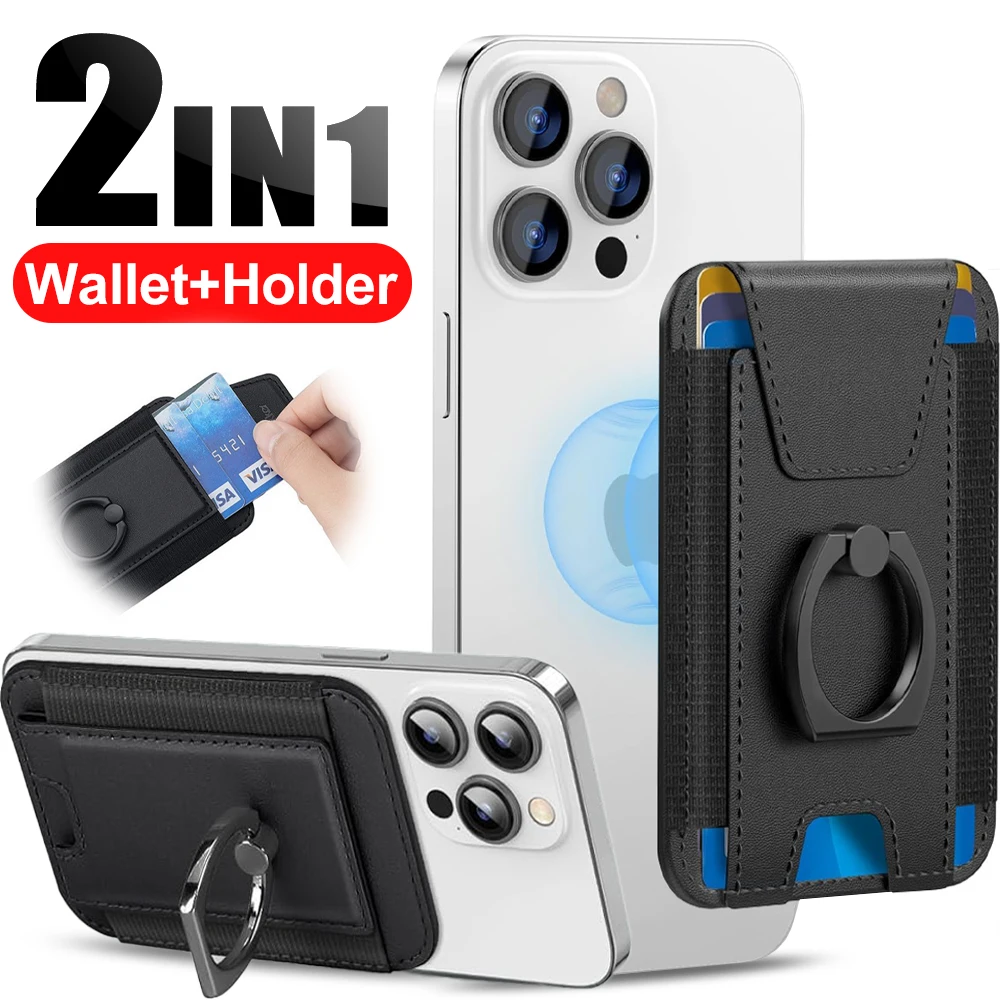 

2in1 Magnetic Leather Wallet for Magsafe Portable Phone Ring Holder Stands Card Bag Holder Case for IPhone 16 15 14 16 12 ProMax