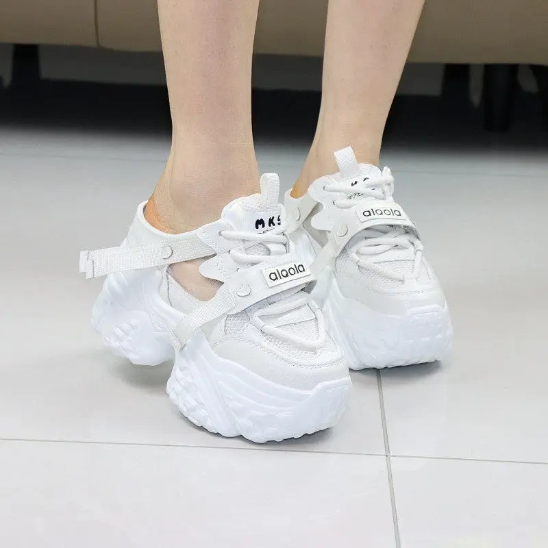 

Female Summer 10CM Elevator Thick Sole Cap Toe Half Slippers Backless Slip on Outdoor Sandals Mules Height Increasing Shoes