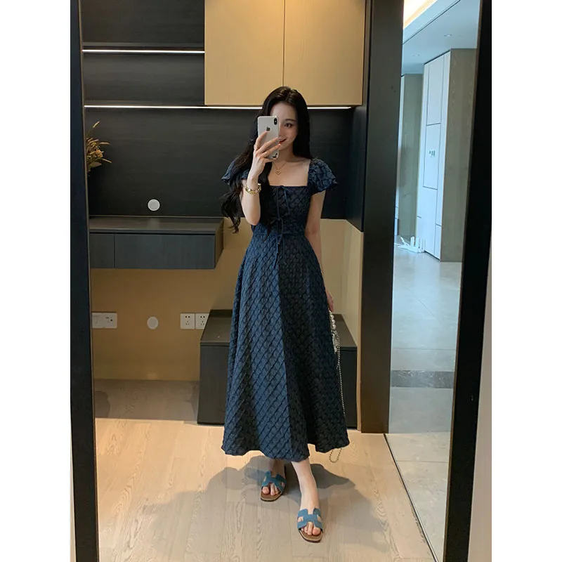 

Summer High Waist A-Line Dr Cotton Denim Slimming Gingham Pattern Women's Faionable Midi Dr Ci Commute ort Sve