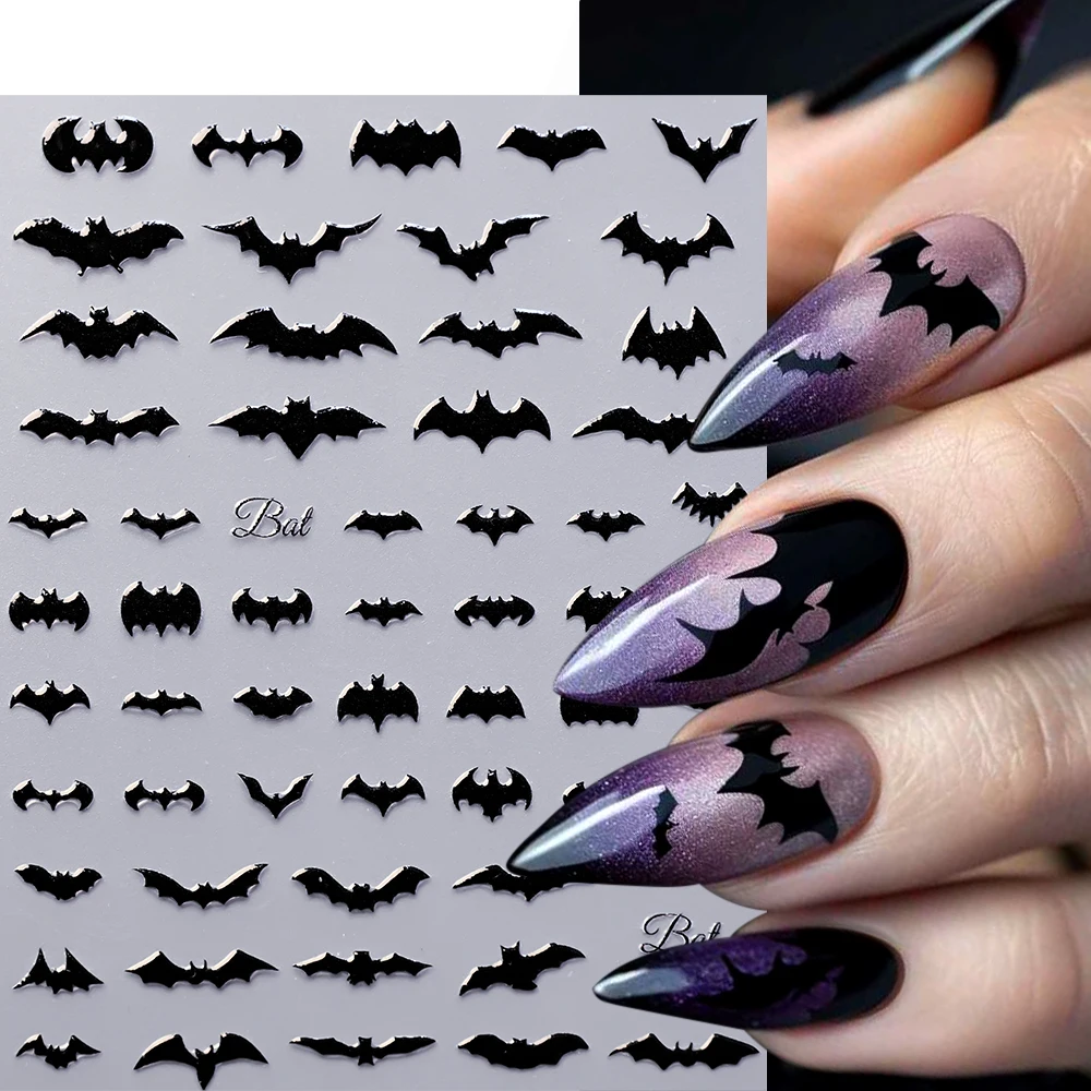 1Sheet 5D Black Halloween Nail Sticker Dark Spider/Bat/Pumpkin/Skull Nail Art Decals 10X8cm Halloween Festival Manicure Sliders