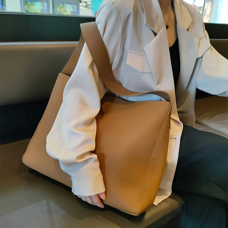 Simply Female Split Leather Shoulder Bags Solid Color Lady Tote Bag Large Capacity Women Commute Handbags Removable Inner Purse