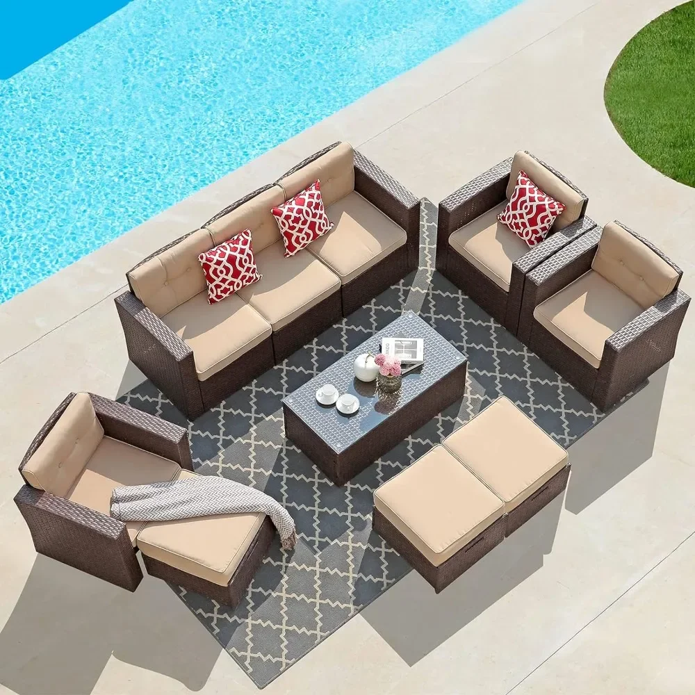 

10 Piece Outdoor Furniture Set,Rattan Patio Conversation Set with Ottomans and Tempered Glass Coffee Table,Wicker Sectional Sofa