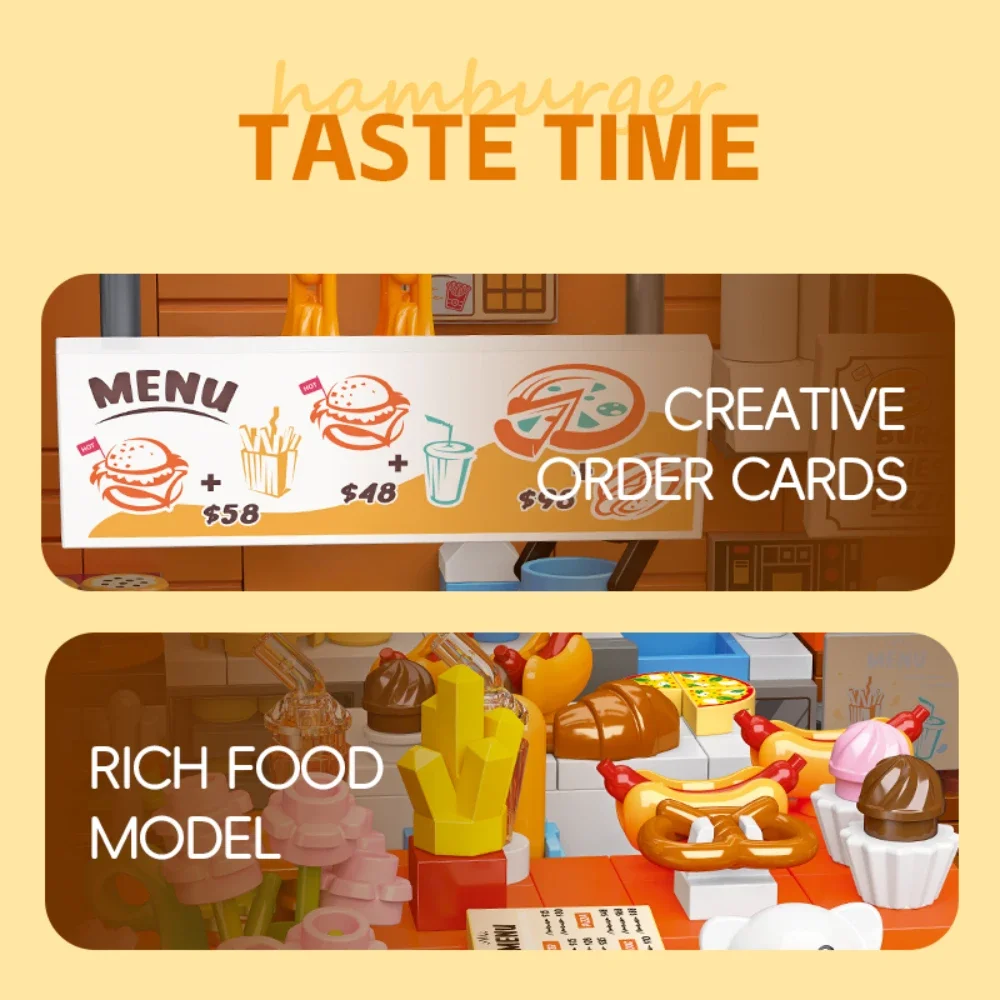 Blocs de construction de magasin de hamburgers créatifs, vue sur la rue, ensembles d'assemblage modulaires MOC, décoration de bureau, idées de modèles, jouets cadeaux pour enfants