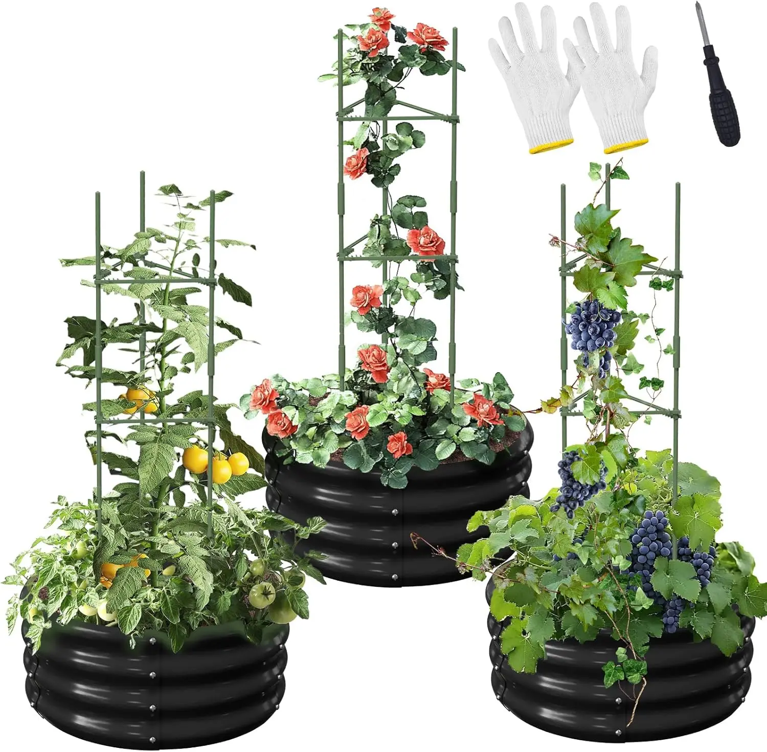 

3 Pcs Galvanized Raised Garden Bed with Tomato Cages Trellis, Metal Outdoor Planter Garden Box with Plant Stakes Support