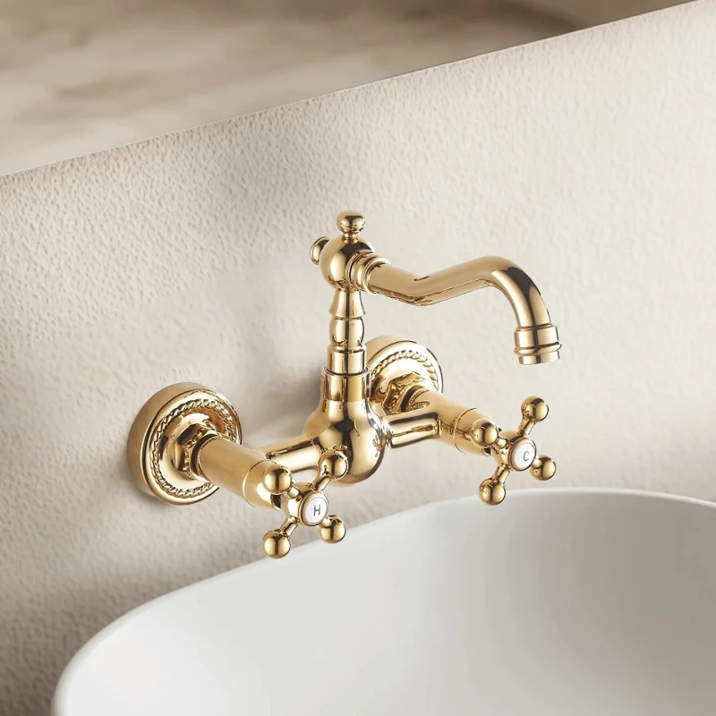 Full copper double-handle wall-mounted basin with cold and hot water faucet and wall-mounted double-hole basin faucet