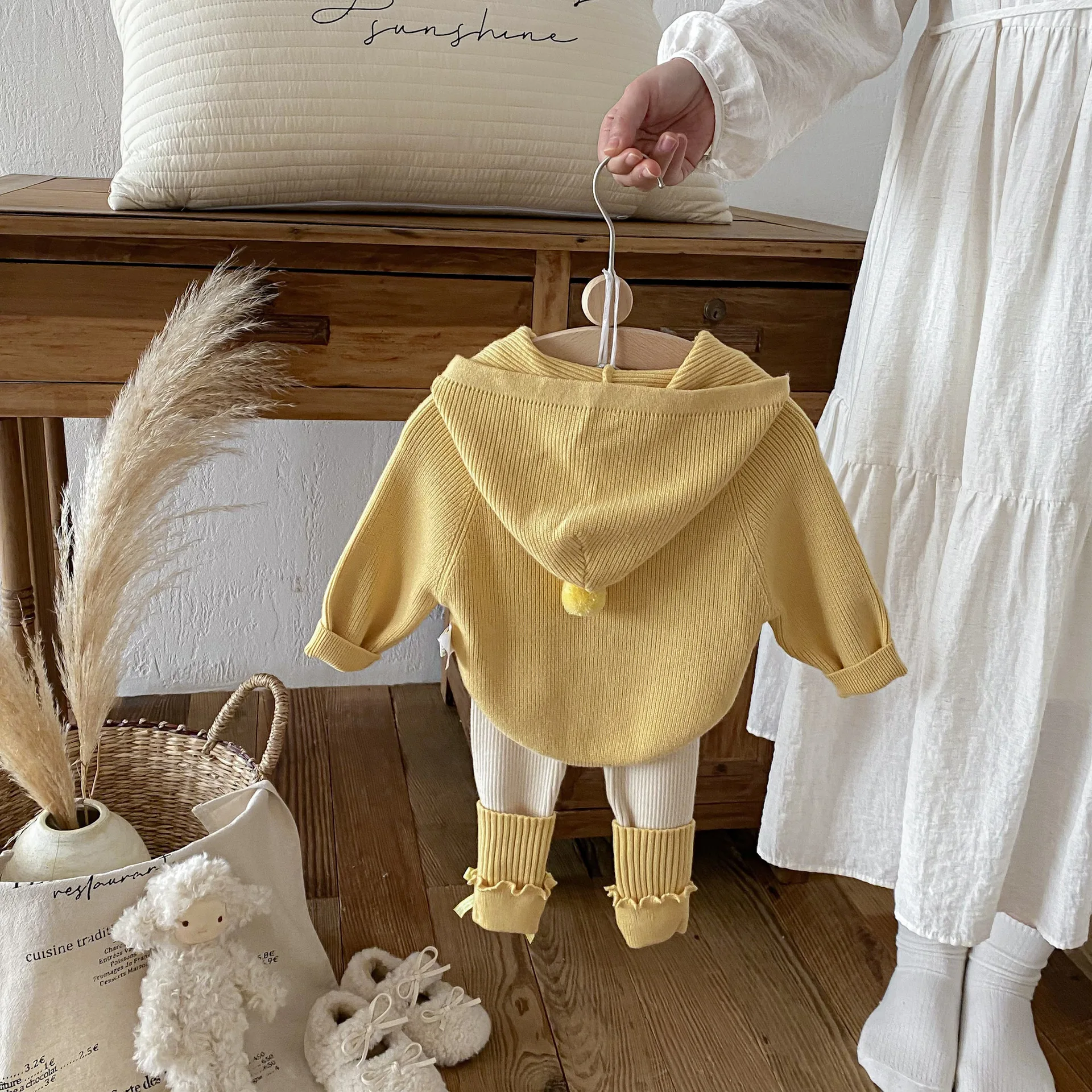 Girls Spring Set Hooded Knitted Heart-Shaped Sweater And Leggings Stylish Three-Dimensional Cute Outfit for Little Girls