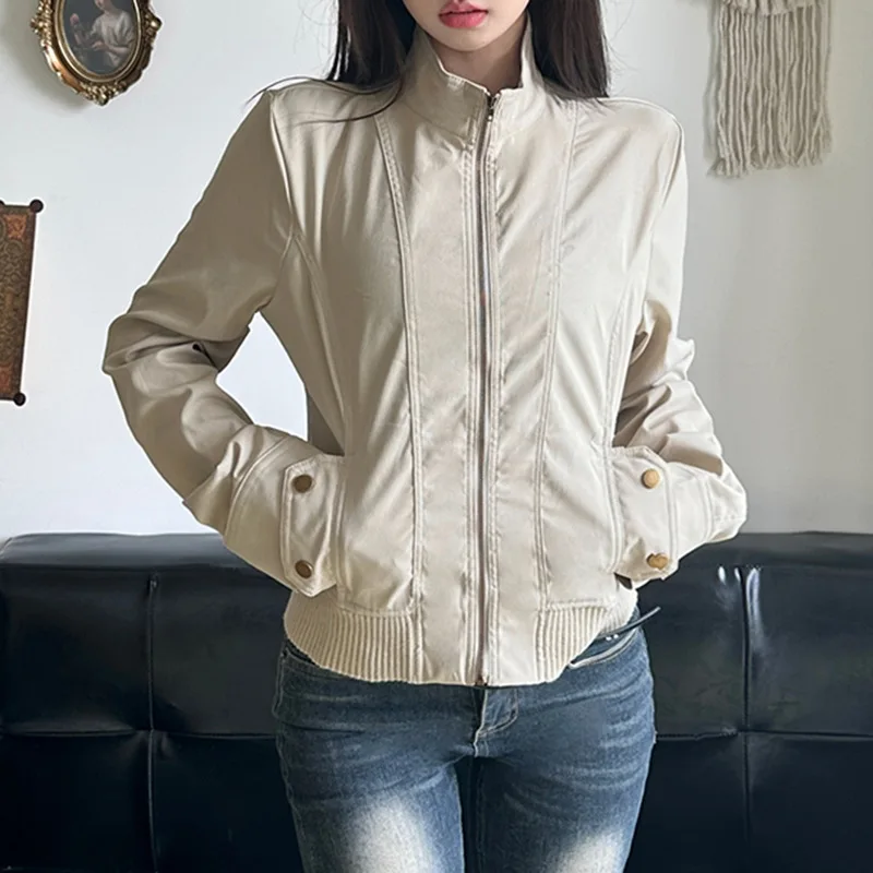 

American Workwear Style Solid Color Stand Up Collar Spicy Girl Casual Short Jacket, Waist Cinching Slimming Long Sleeved Zipper