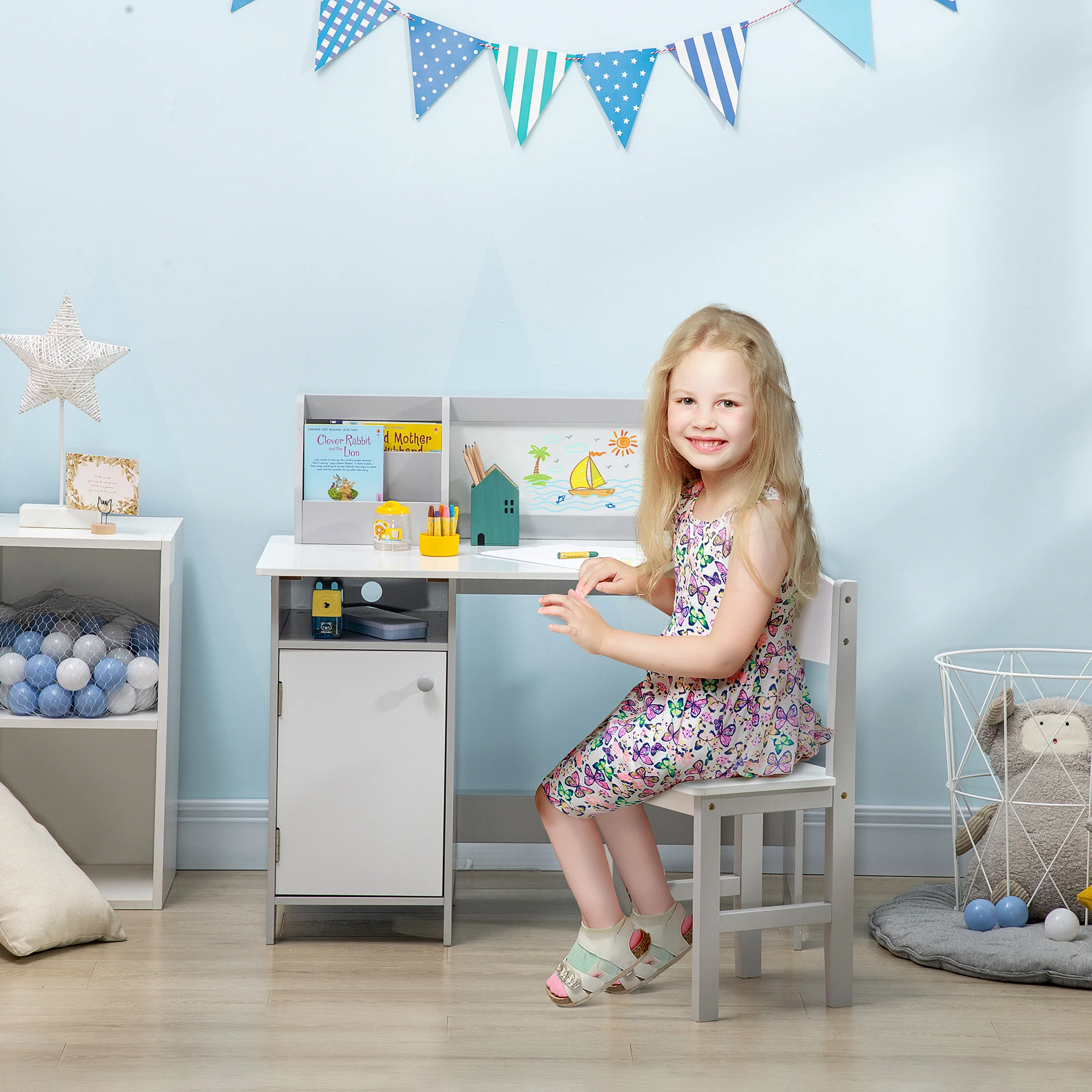 2 Pieces Kids Table and Chair Set with Whiteboard Multiple Storage Spaces, Grey