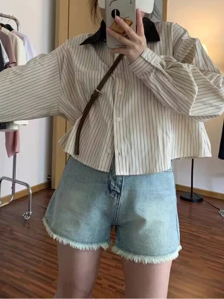 Pantalones cortos vaqueros Vintage para mujer, moda rasgada, cintura alta, novedad de verano, ropa de calle femenina recta, estilo coreano, elegante, lavada Ins