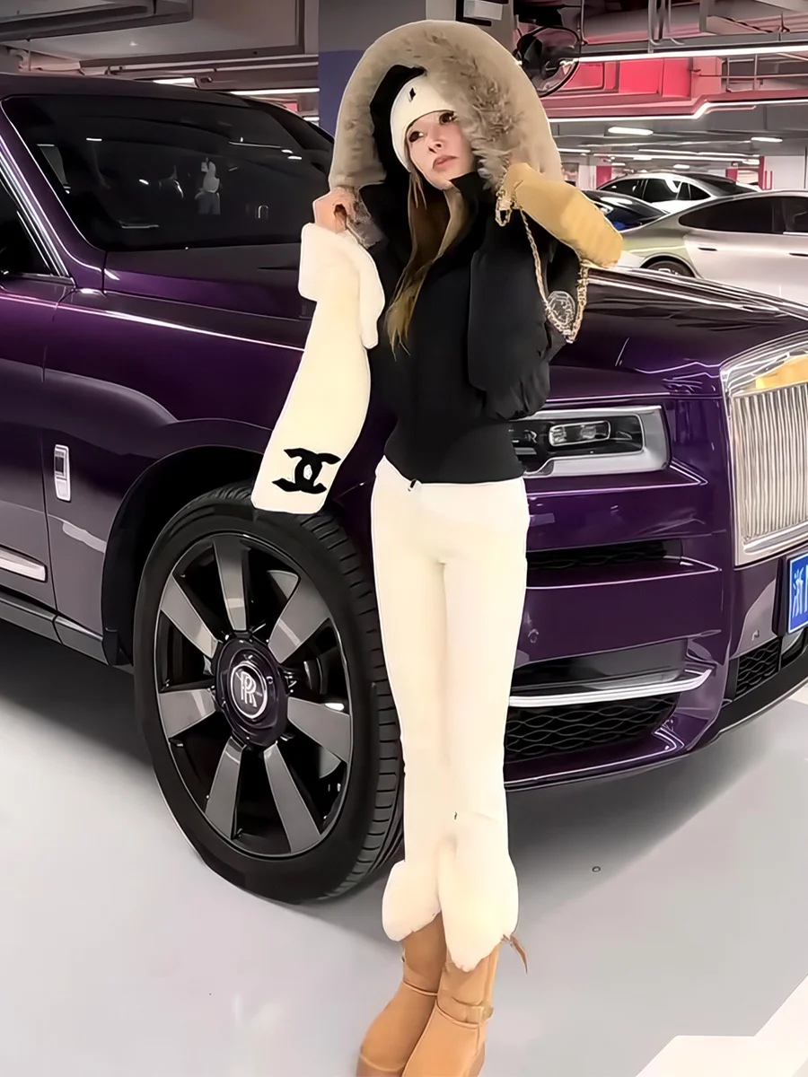 

Women's ort Puffer Jaet Hooded Quilted Coat Slim Fit Warmth White Du down Parka Casual Sle Removable Fur Collar