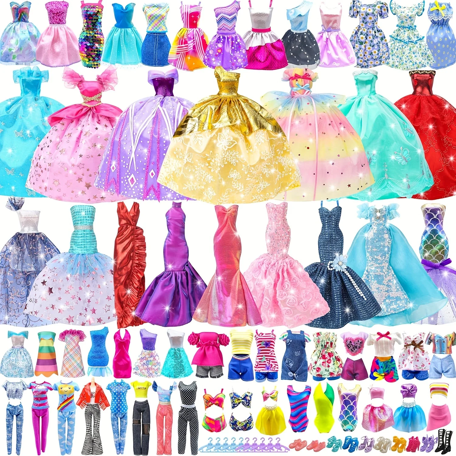 Random 60 Pcs Doll Clothes & Accessories, 4 Gowns 2 Evening Dresses 6 Fashion Dresses 6 Set Casual Outfits 2 Swimsuit Bikini....