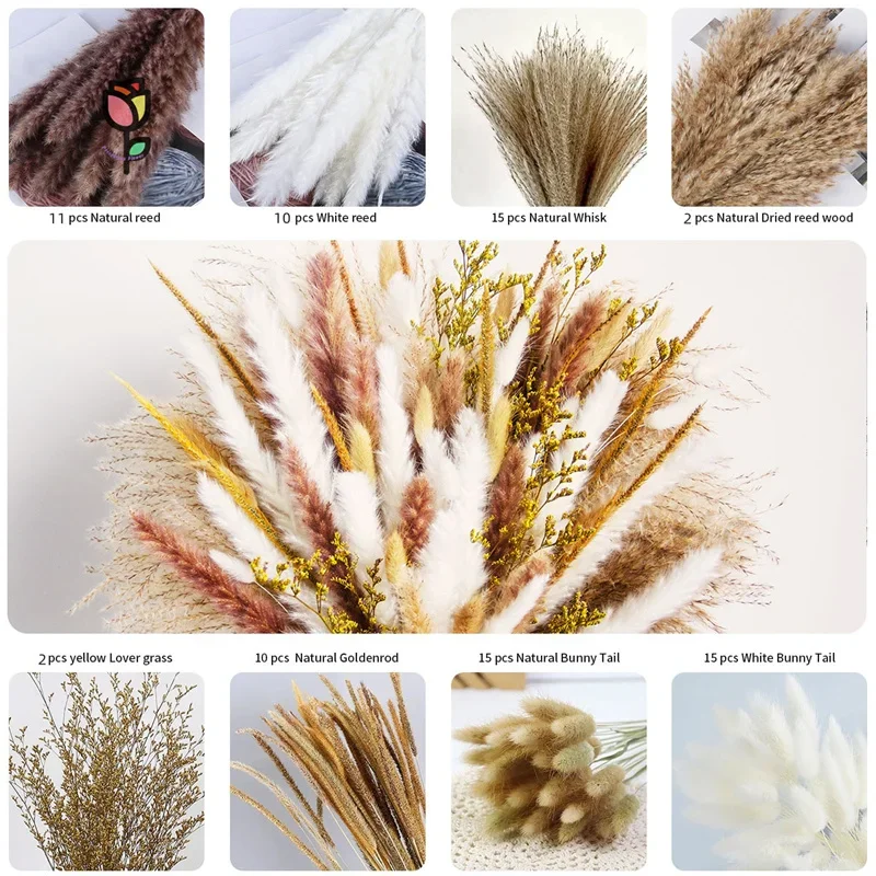 80pcs Dry Plant Pampas Grass Bouquet Bohemian Style Home Decoration Natural Fluffy Lagurus Ovatus Wedding DIY Table Decorations