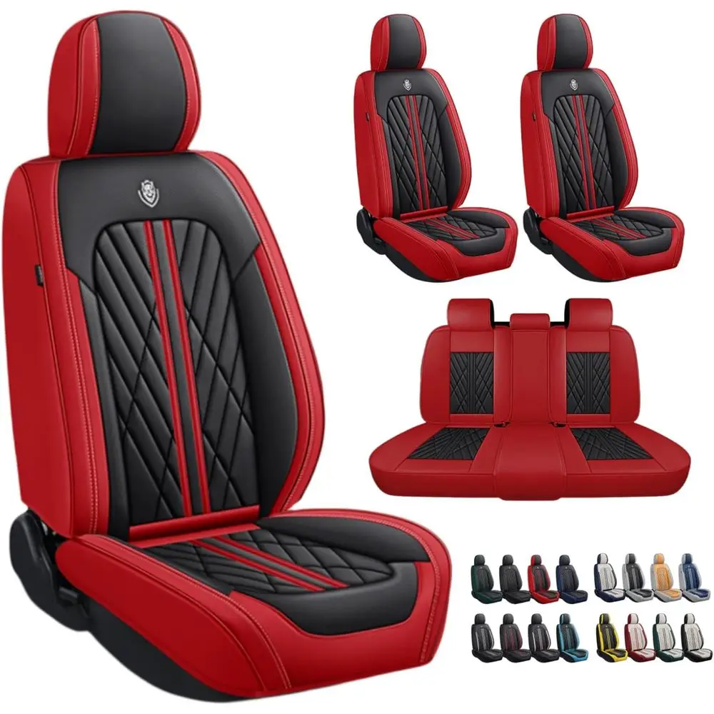 Breathable Waterproof PU Leather Car Seat Covers - Full Set for 5 Seats, Black & Red