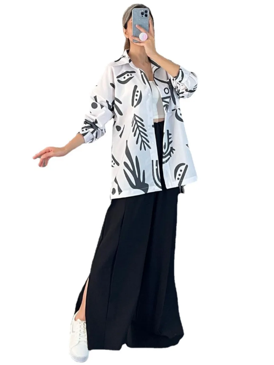 Women Eid Muslim Sets Two Pieces Morocco Ramadan Ensemble Kaftan Print Shirts Wide Leg Pants Casual Pockets Islam Dubai Suits