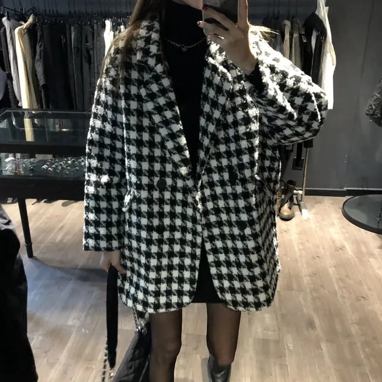 plaid woolen coat for women, autumn and winter 2024 new Korean version loose casual thickened medium and long coat for women