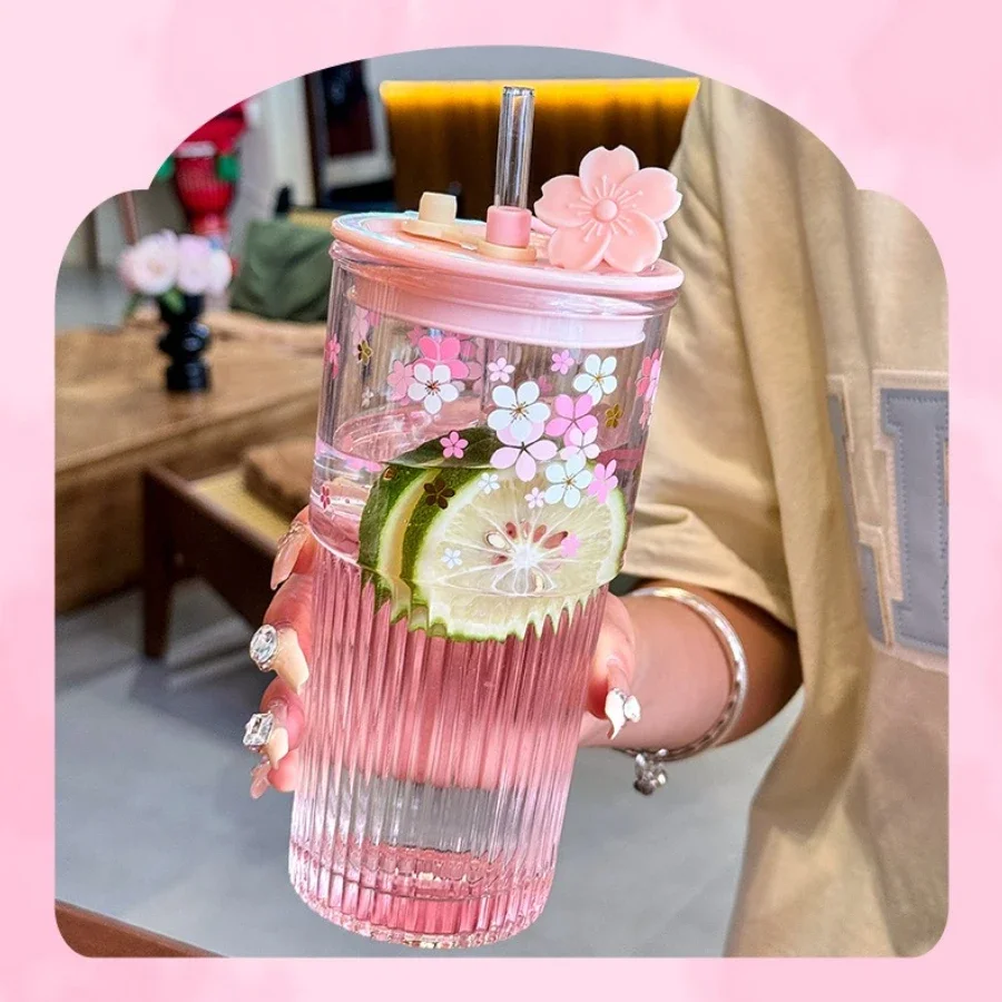 Reusable Drink Cup Party Cups with Straw Lid Cute Cherry Blossom Glass Tumblers for Cold Drinks Home Office Outdoor Summer Gift view 6