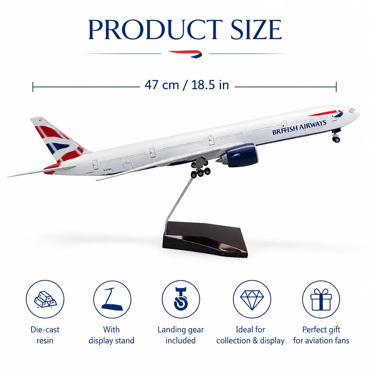 47cm Die-Cast Resin Airplane Model B777 United Kingdom Airlines 18.5 inches with Stand and Landing Gear—Adult Collector's Gift