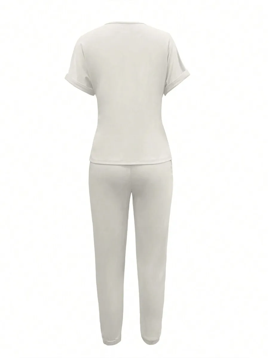 BWQ 2 pezzi da donna tinta unita girocollo manica corta top e pantaloni lunghi con tasca con coulisse abito casual