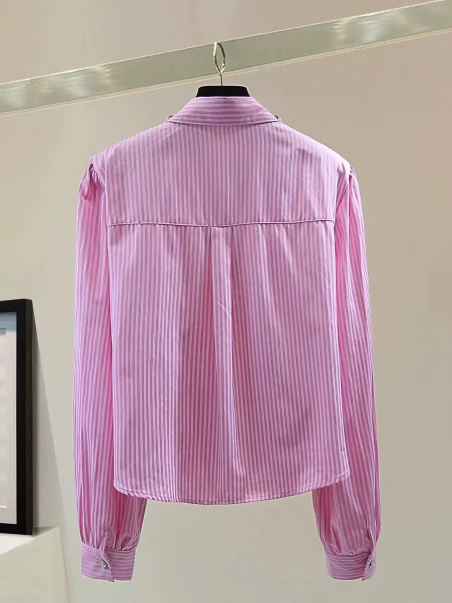 Luxury Style Diamonds Stitch Cotton Stripe Shirts For Women 2024 Autumn Single Breasted Pink Blouse Sweet Chic Top Blusas