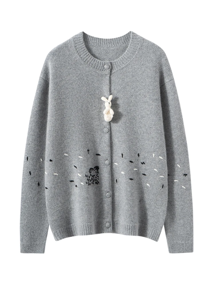 

MEETCC Women's 100% Cashmere Sweater Hand Embroidered Doll Knitwear O Neck Buttoned Cardigan Autumn Winter Knitted Warm Top