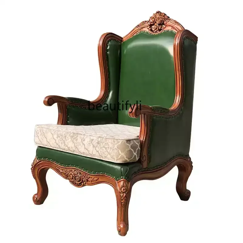 

American sofa chair solid wood European leather living room leisure chair single bedroom reading chair