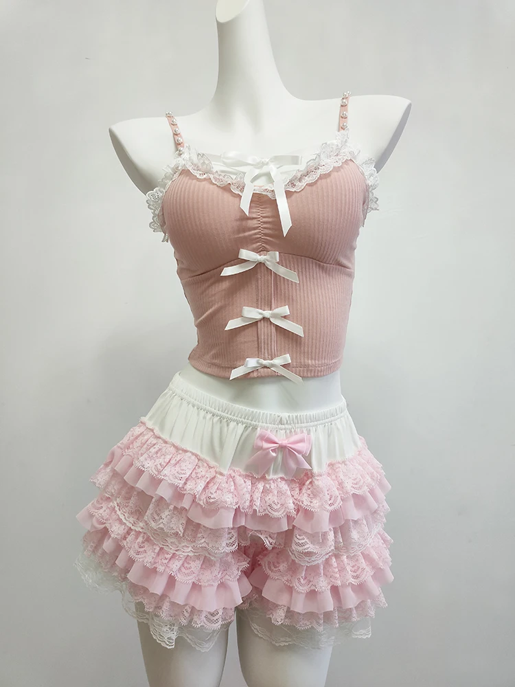 

Cute Set Women Summer Lace Trim V-Neck Crop Tops Elastic Waist Shorts Bows Decoration Kawaii Clothes for Sweet Girls