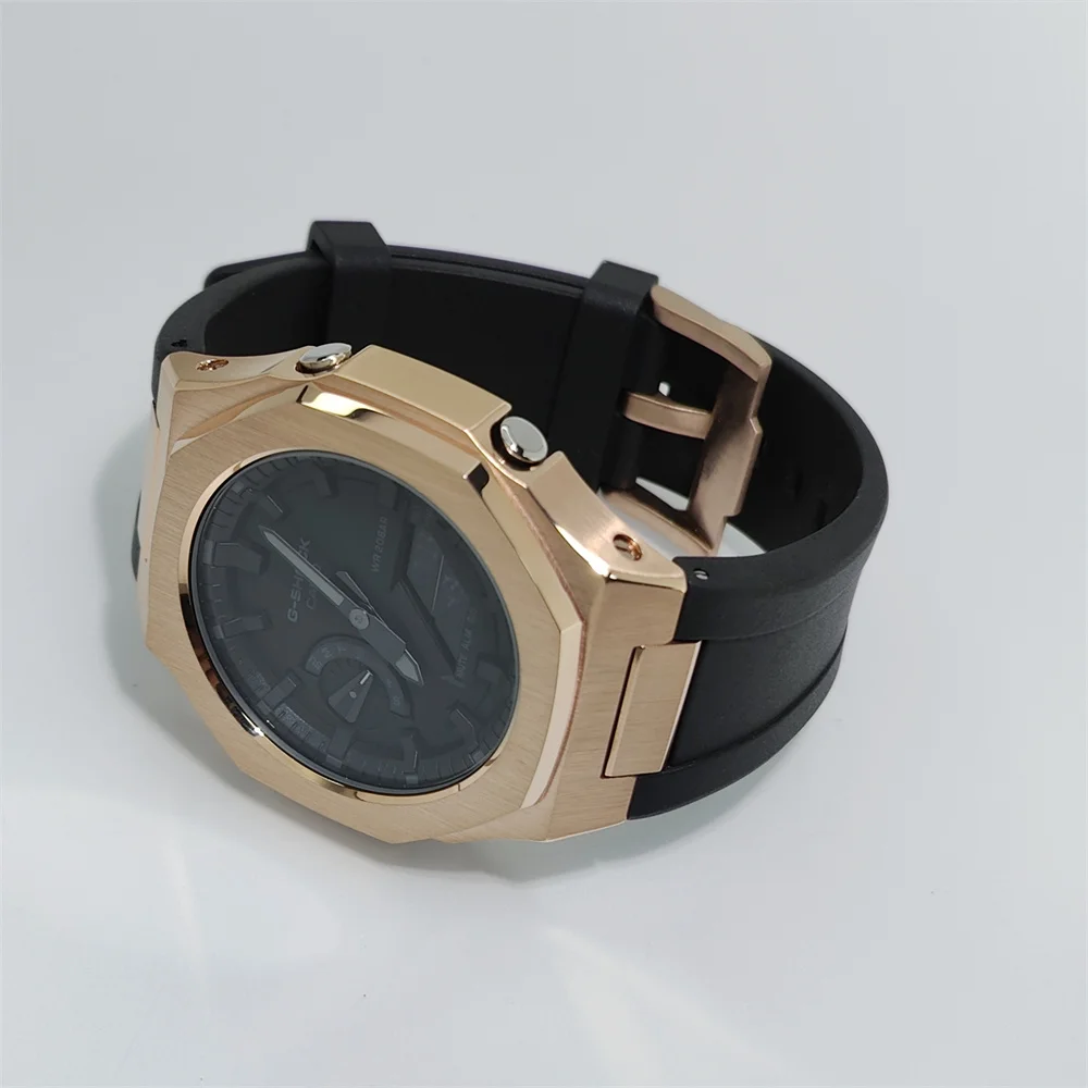 Hontao GA2100 Casioak 5th Gen Rose gold Stainless Steel Watch Case Fluoro Rubber Strap for Casio G Shock GA-2100/B2100/2110